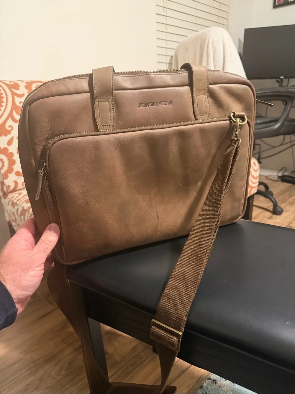 Johnston & Murphy Tan Leather Laptop Messenger Bag